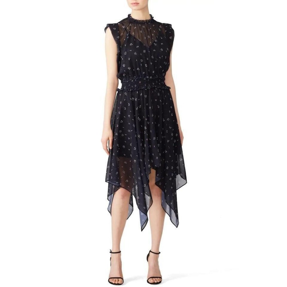 THE KOOPLES Paris Dress Black Floral Sleeveless Handkerchief Hem Mini